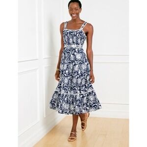 Talbots Tiered Fit & Flare Dress Distressed  Jacobean Navy White Size 4